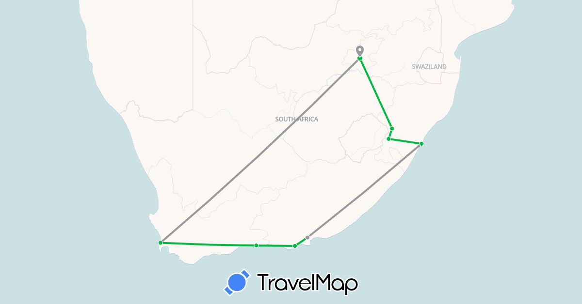 TravelMap itinerary: bus, plane in South Africa (Africa)